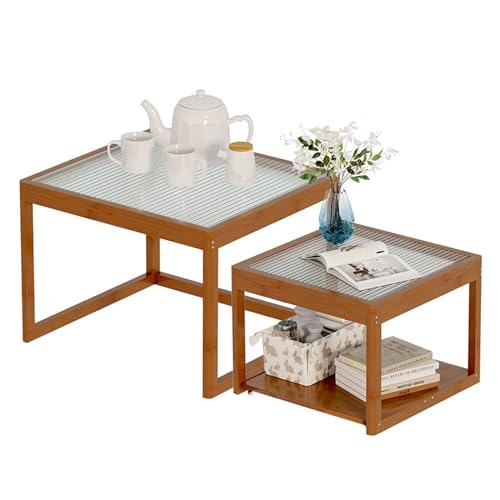 Nesting Glass End Table Set of 2 Bamboo O5611