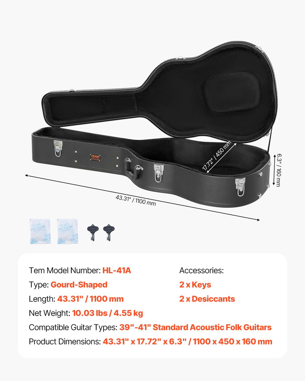 Black 43.31 in Gourd-Shaped Acoustic Guitar Hard Case Z2977