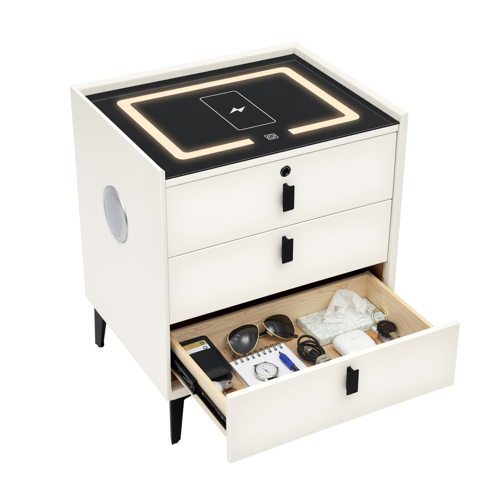 Beige 3 Drawer Smart Nightstand with Fingerprint Lock L557
