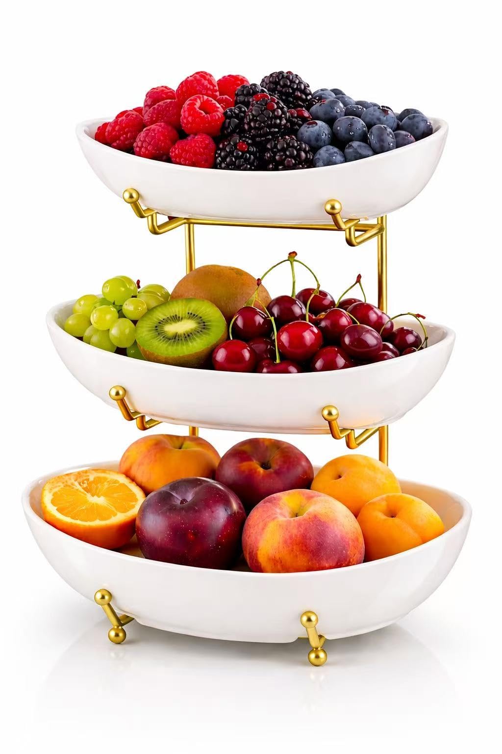 3 Tier Ceramic Fruit Basket with Gold Stand E520