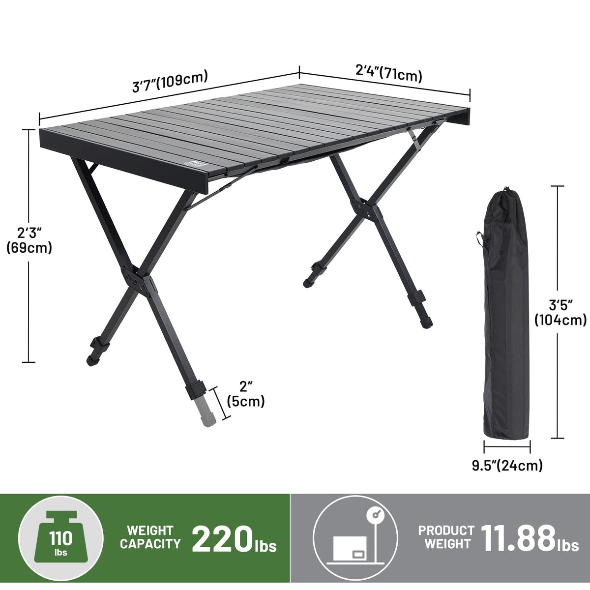 Folding Camping Table Adjustable Height Lightweight Aluminum Black Q413