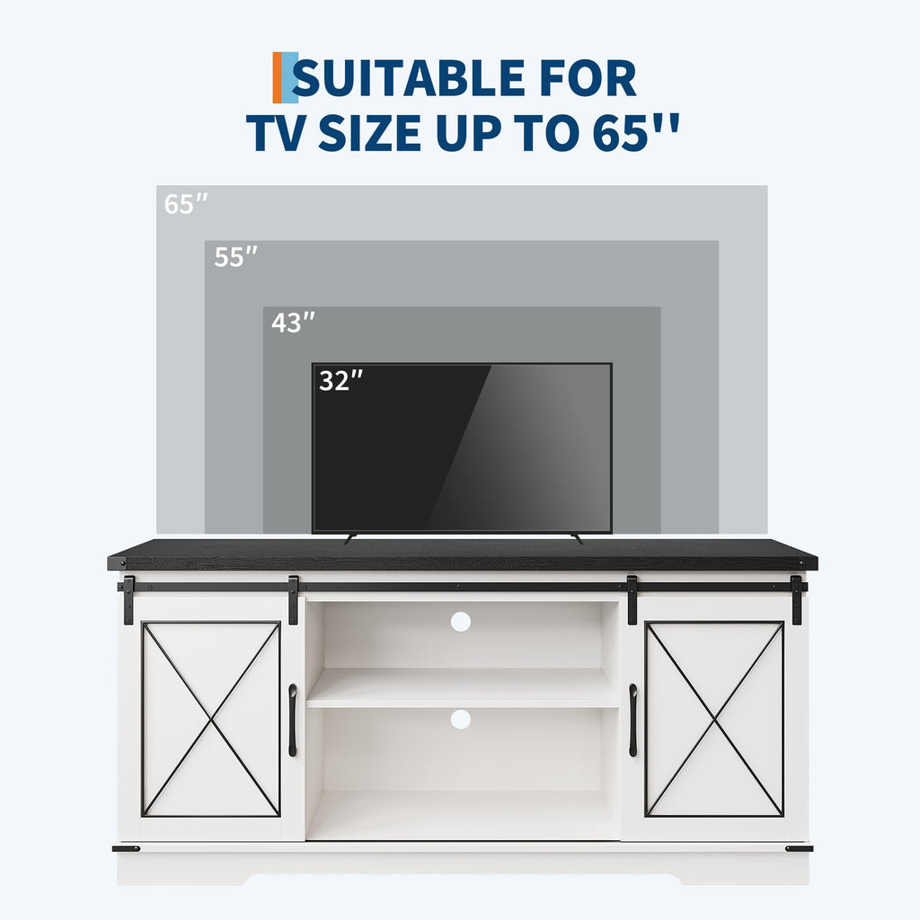 White Farmhouse TV Stand with Sliding Barn Doors O546587