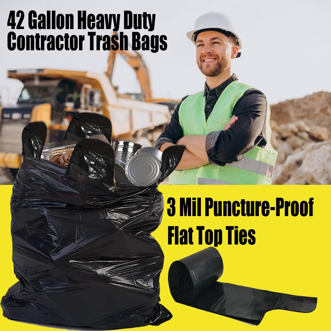 Heavy Duty 42 Gallon 10 Count 3 MIL Black Flap Tie Trash Bags D347416