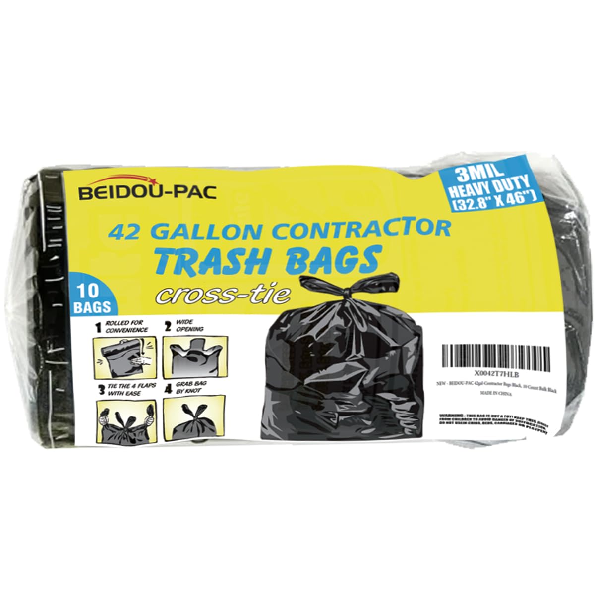Heavy Duty 42 Gallon 10 Count 3 MIL Black Flap Tie Trash Bags D347416