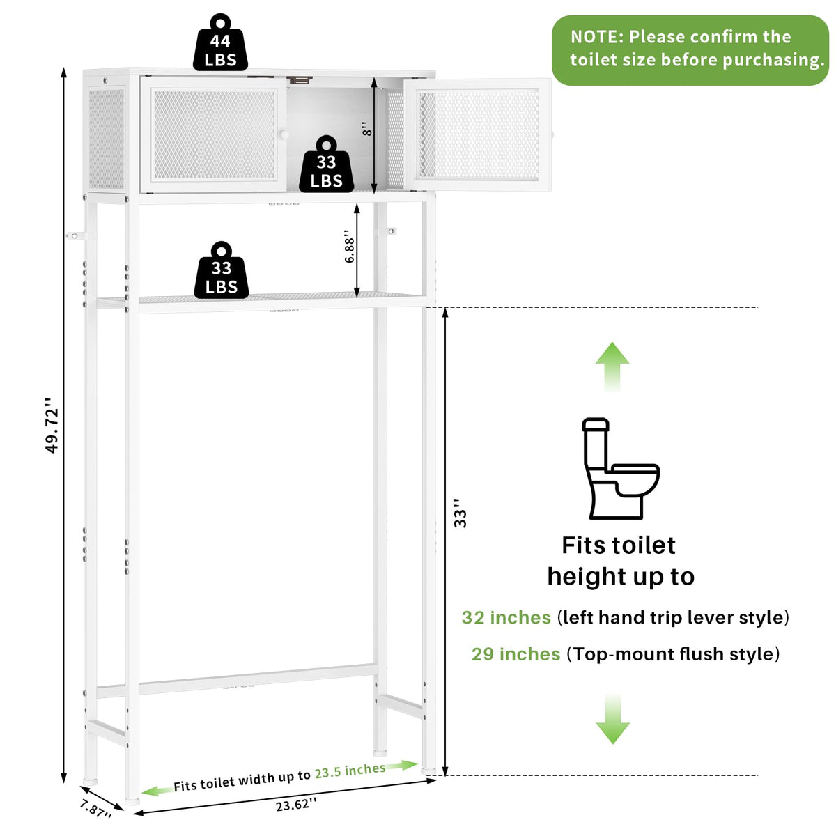 Over the Toilet Storage Cabinet with Doors, White Metal Shelves Q913