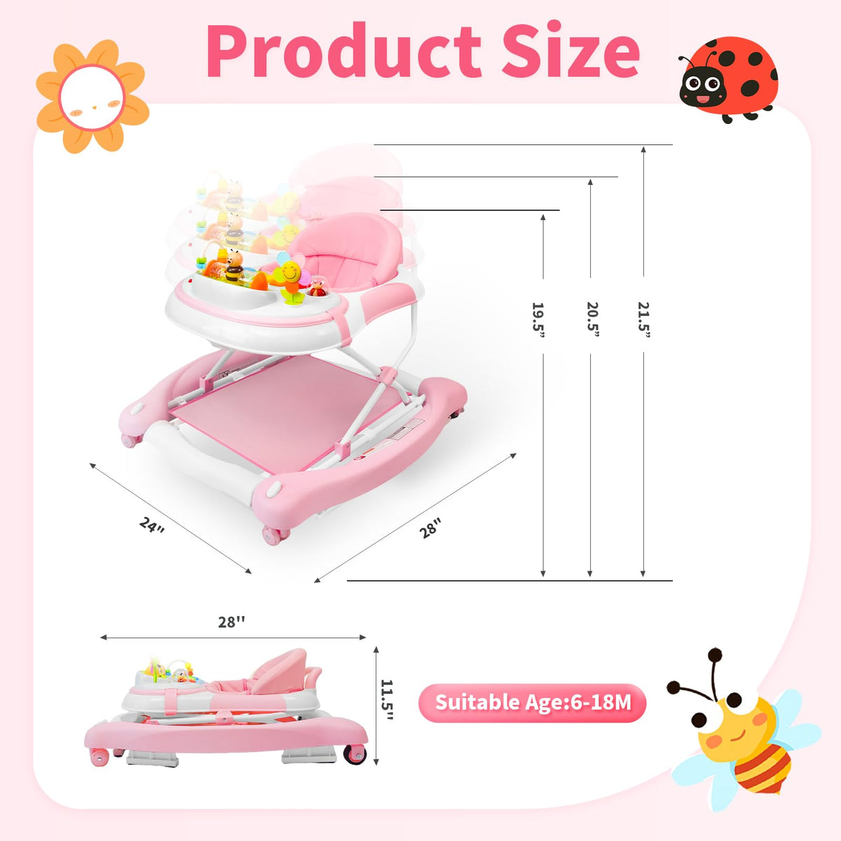 5 in 1 Foldable Baby Walker with Wheels and Bouncer B974