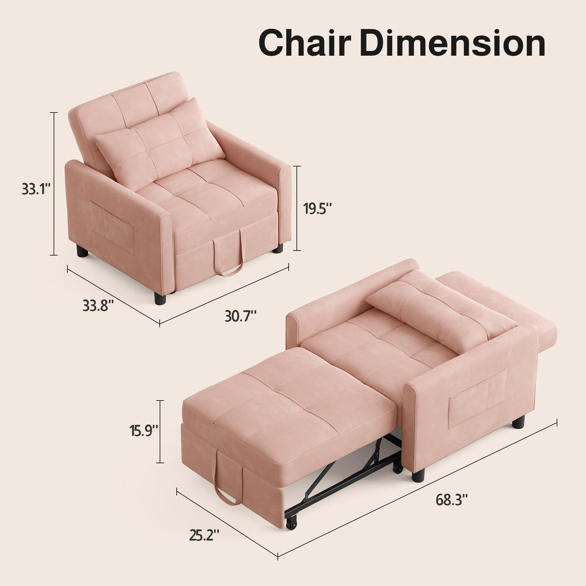 Pink Convertible Sleeper Chair Sofa Bed T37107