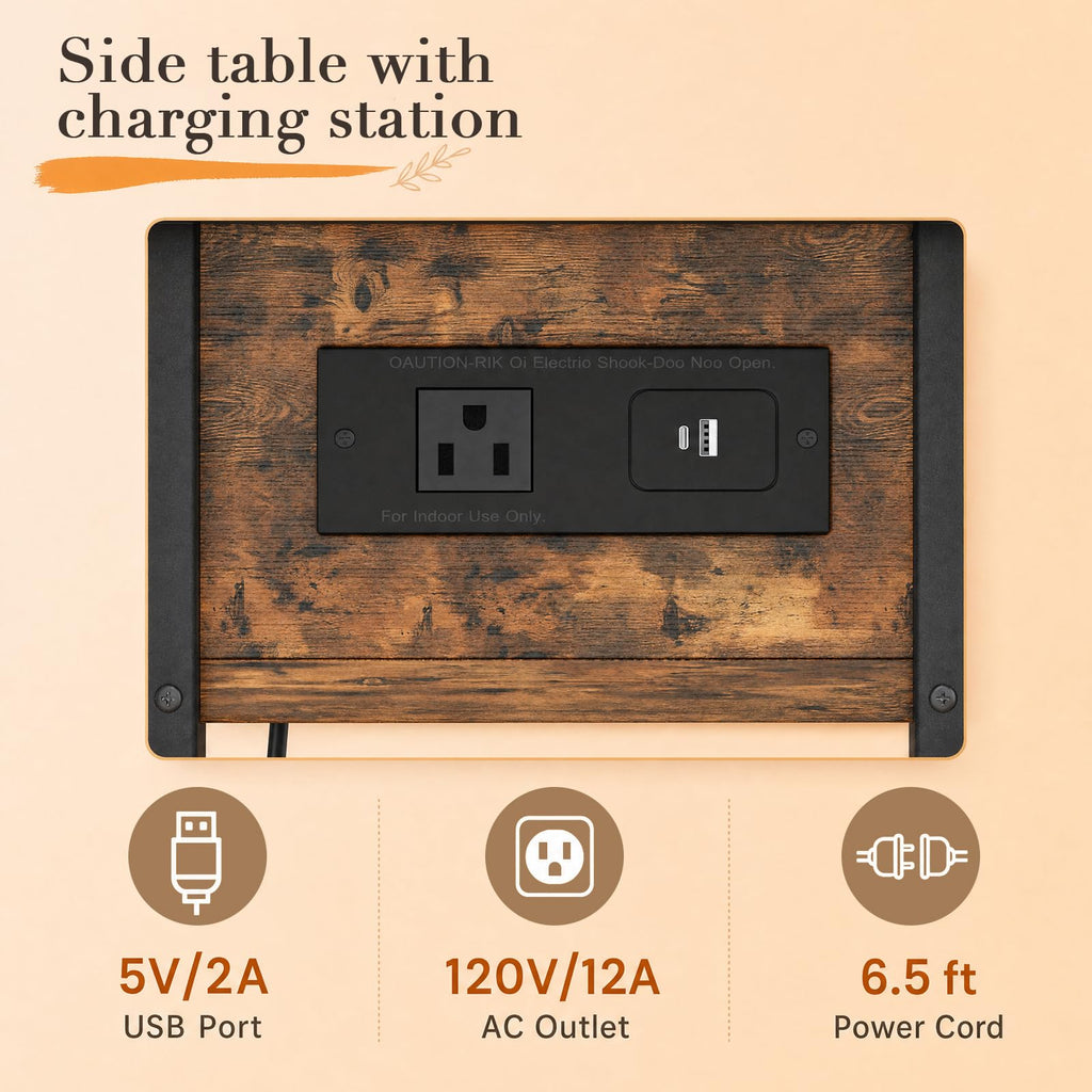 End Table with Charging Station, 3-Tier Storage Nightstand E306