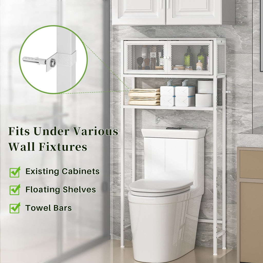 Over the Toilet Storage Cabinet with Doors, White Metal Shelves Q913