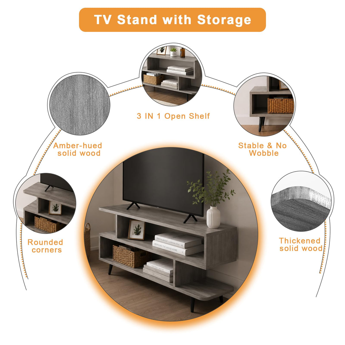 45 inch Light Grey TV Stand with 3-Tier Open Storage Shelves B6319