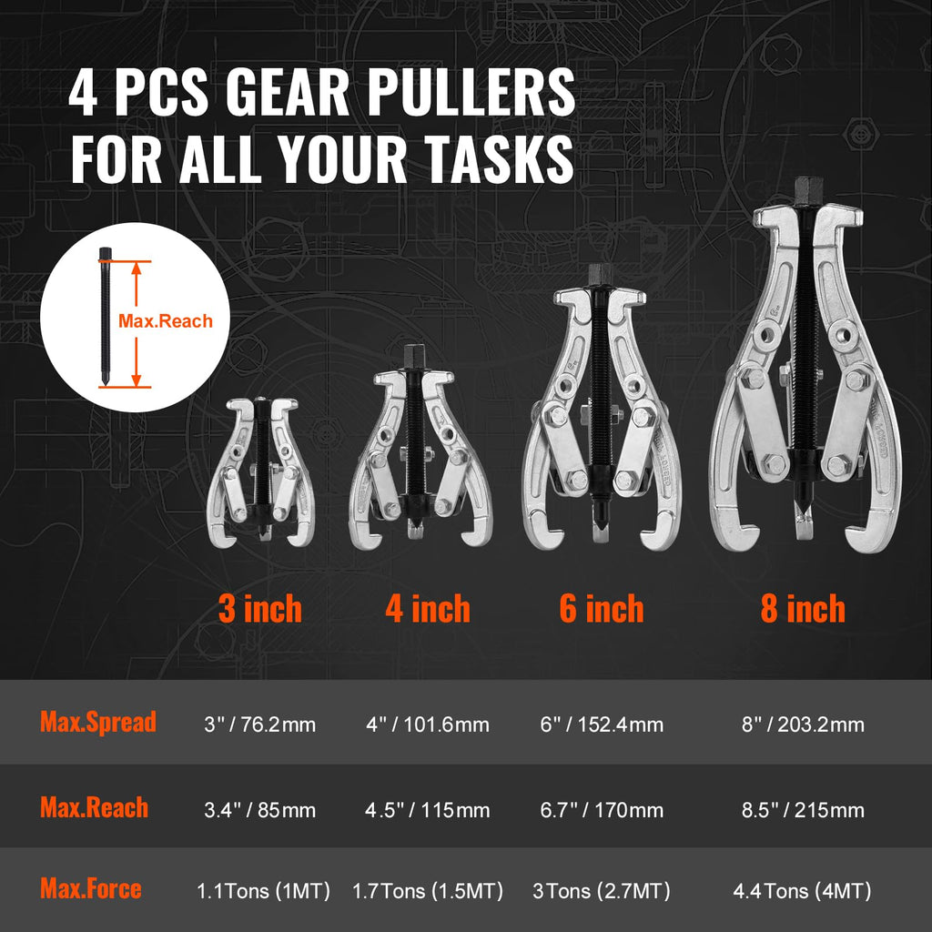 3" 4" 6" 8" 4-Piece Gear Puller Set G62463
