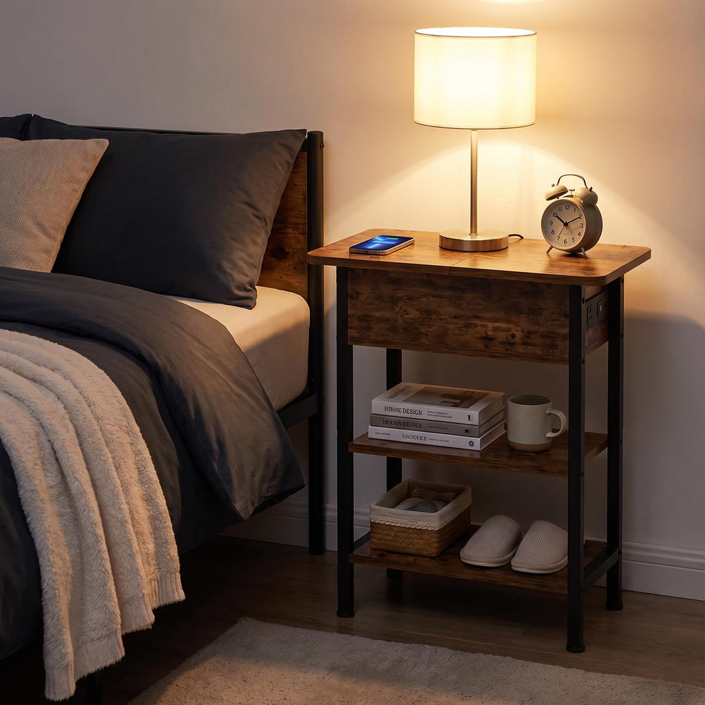 End Table with Charging Station, 3-Tier Storage Nightstand E306
