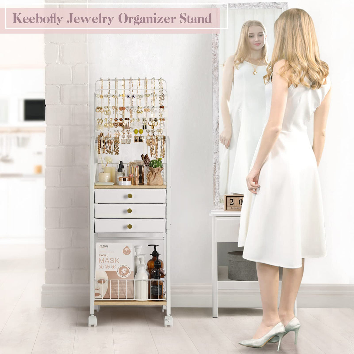 Large White 3 Drawer Floor Jewelry Organizer Stand X252330