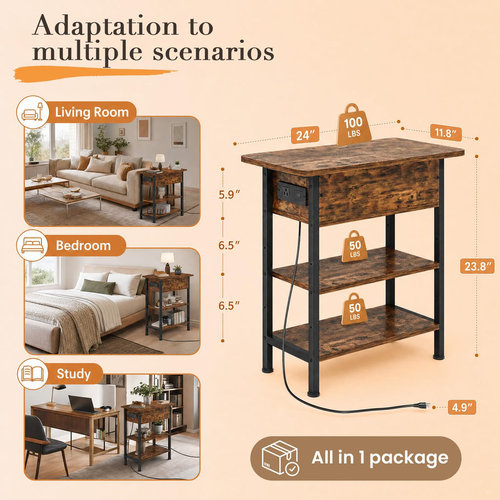 End Table with Charging Station, 3-Tier Storage Nightstand E306