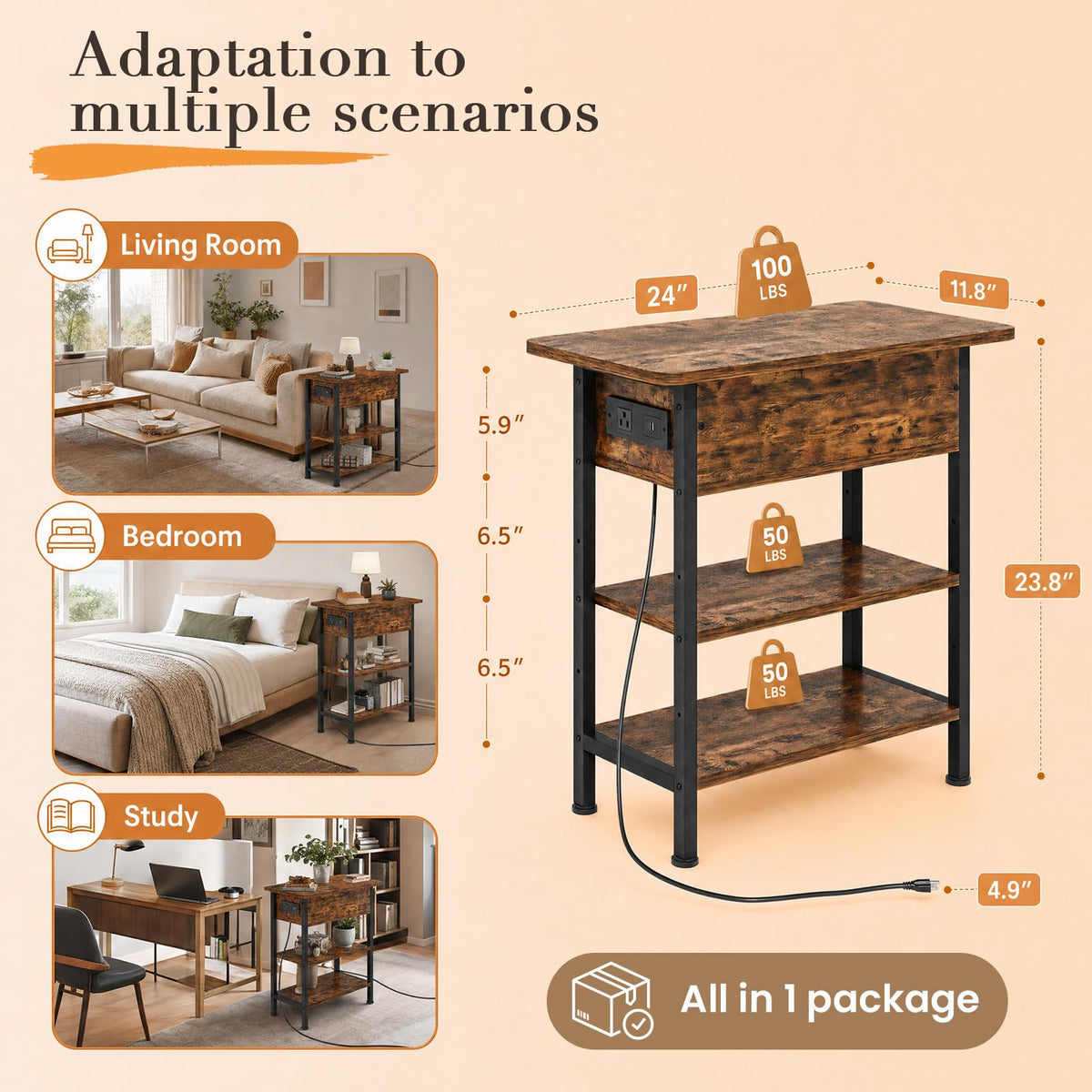 End Table with Charging Station, 3-Tier Storage Nightstand E306