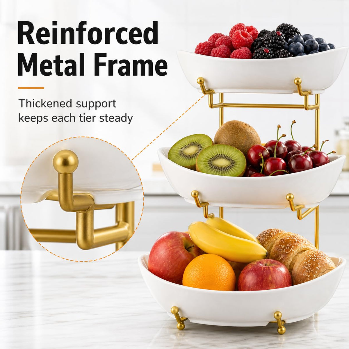 3 Tier Ceramic Fruit Basket with Gold Stand E520