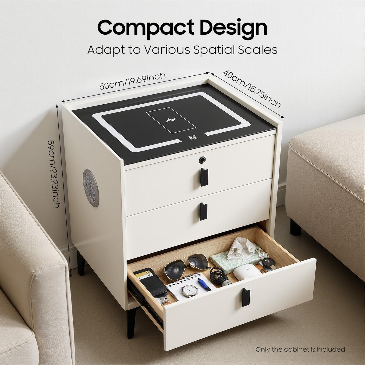 Beige 3 Drawer Smart Nightstand with Fingerprint Lock L557