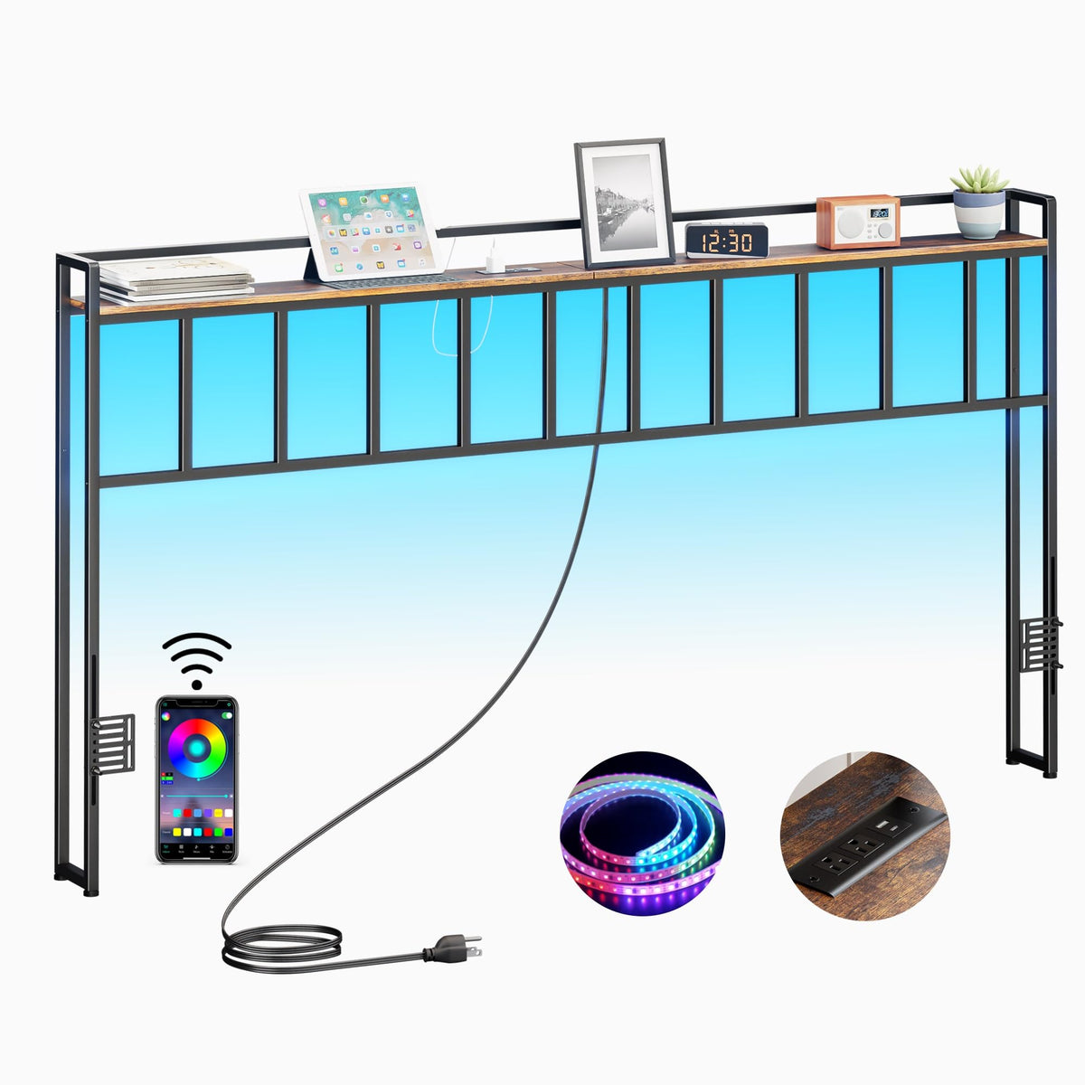 King Size Headboard with LED Light, Outlets and USB Ports, Storage Rack, Rustic Brown A1410