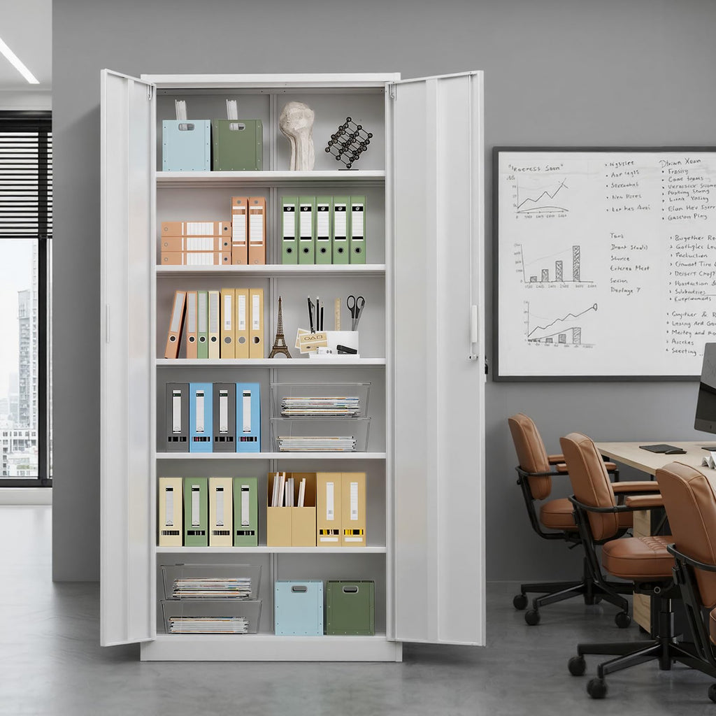 White Metal Storage Cabinet with 2 Doors and 5 Adjustable Shelves M2629