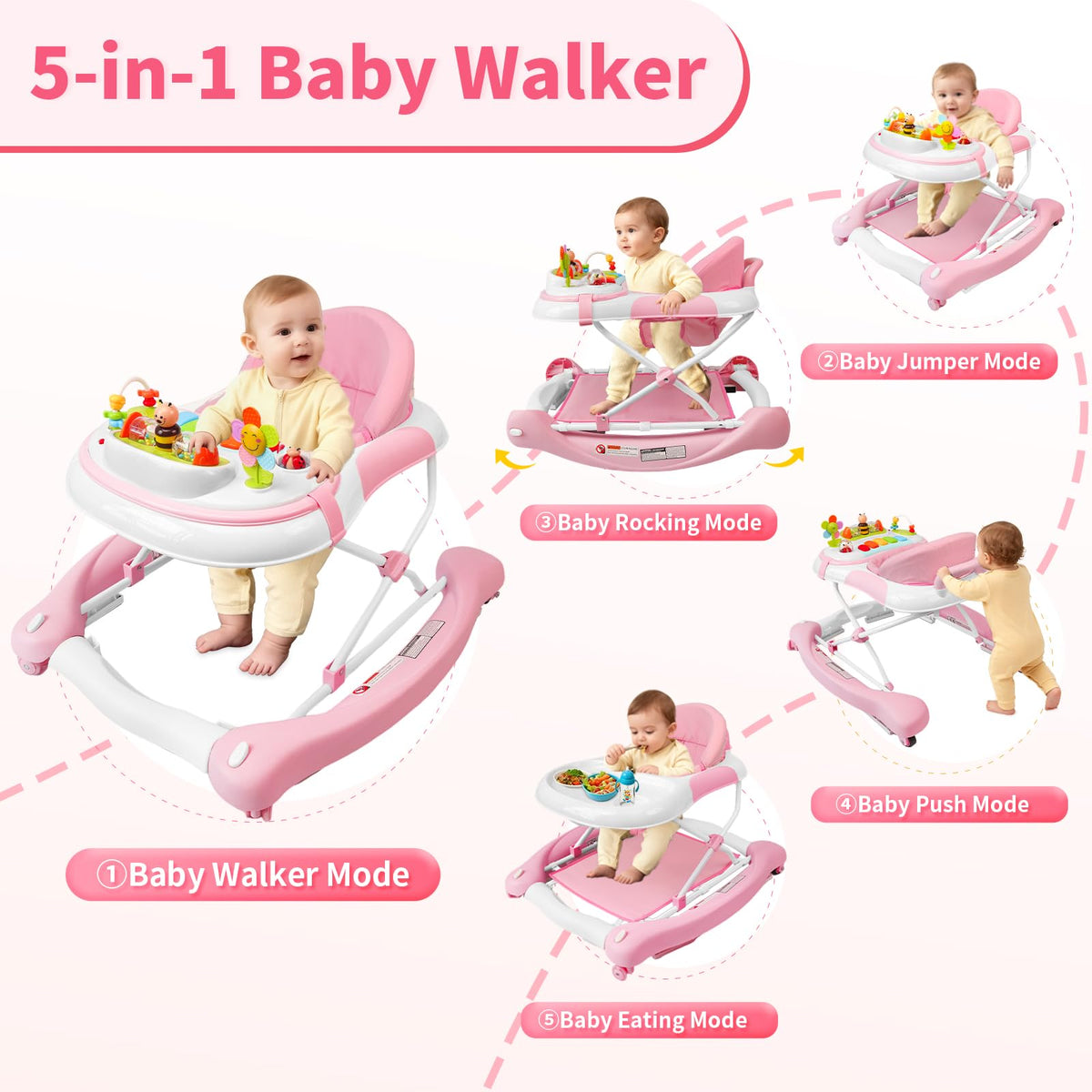 5 in 1 Foldable Baby Walker with Wheels and Bouncer B974