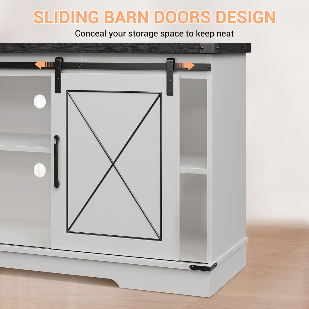 White Farmhouse TV Stand with Sliding Barn Doors O546587