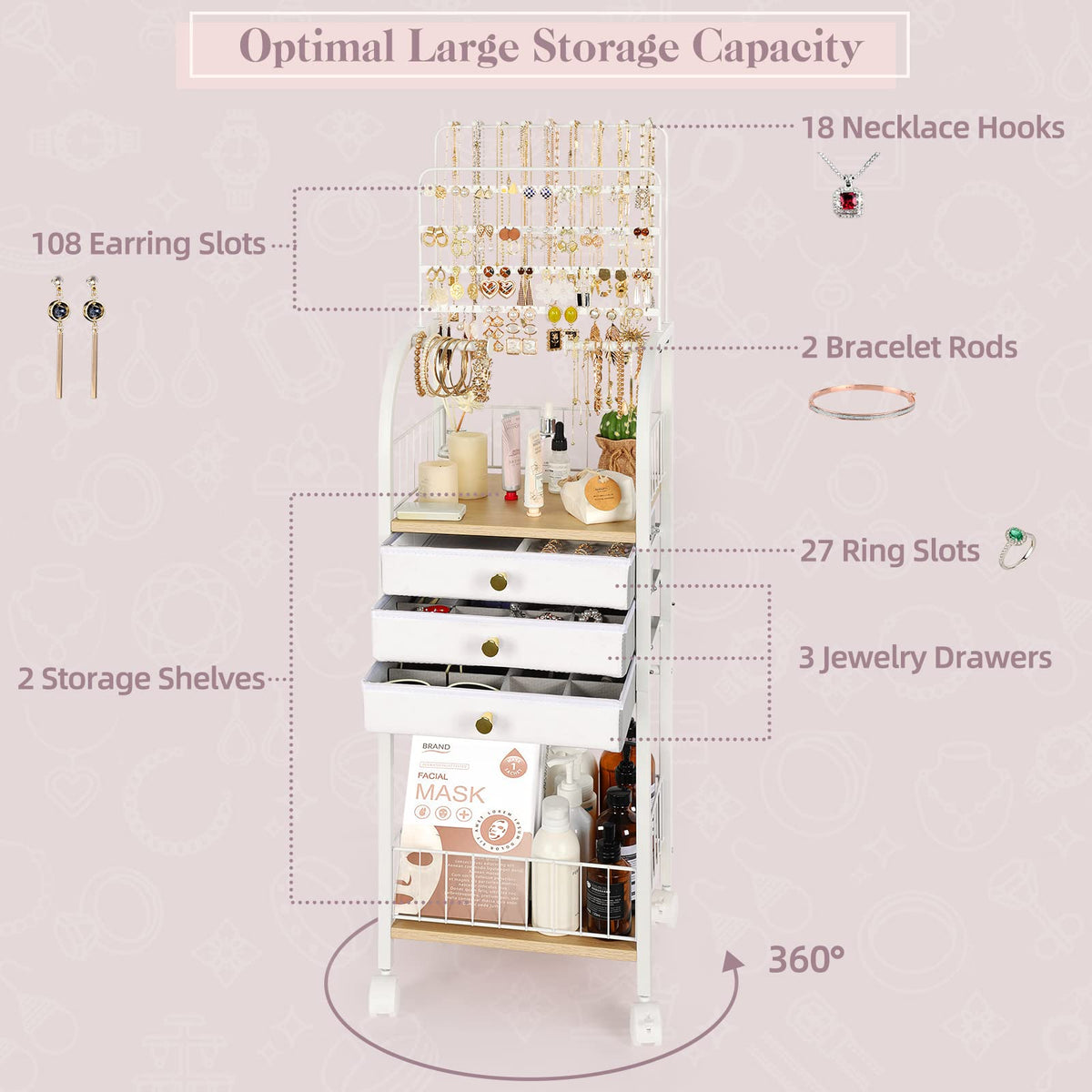 Large White 3 Drawer Floor Jewelry Organizer Stand X252330