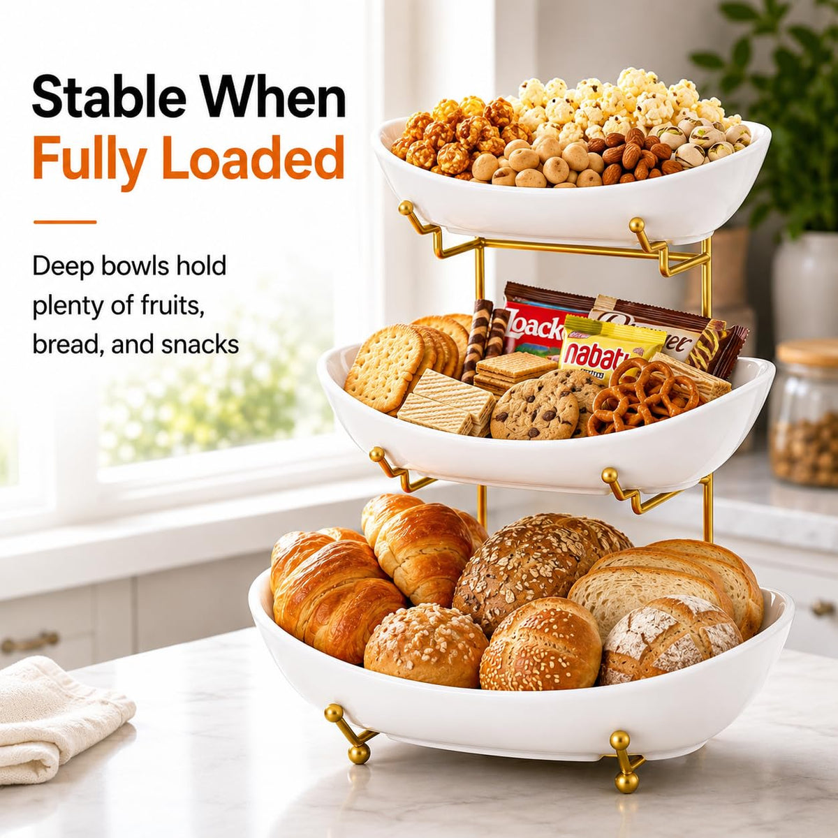 3 Tier Ceramic Fruit Basket with Gold Stand E520