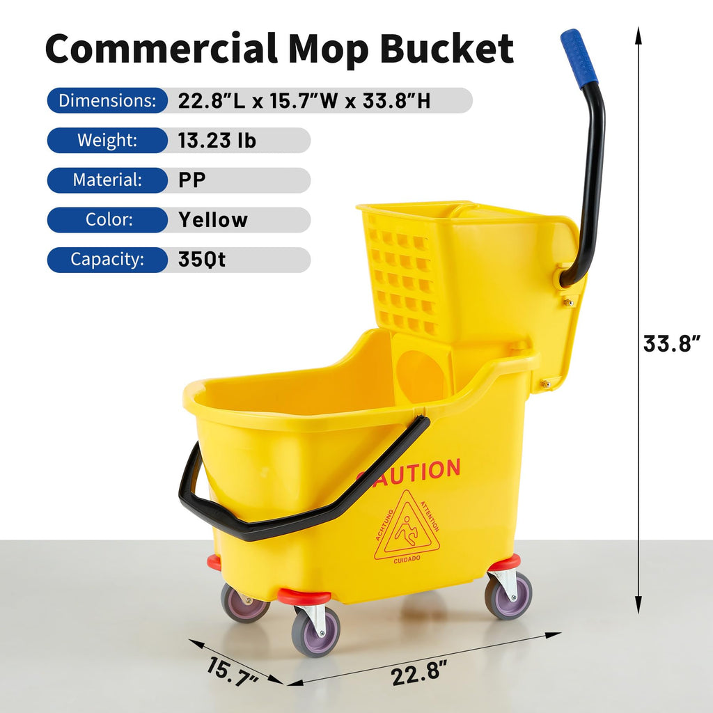 Yellow 35 Quart Commercial Mop Bucket with Side Press Wringer on Wheels A800424