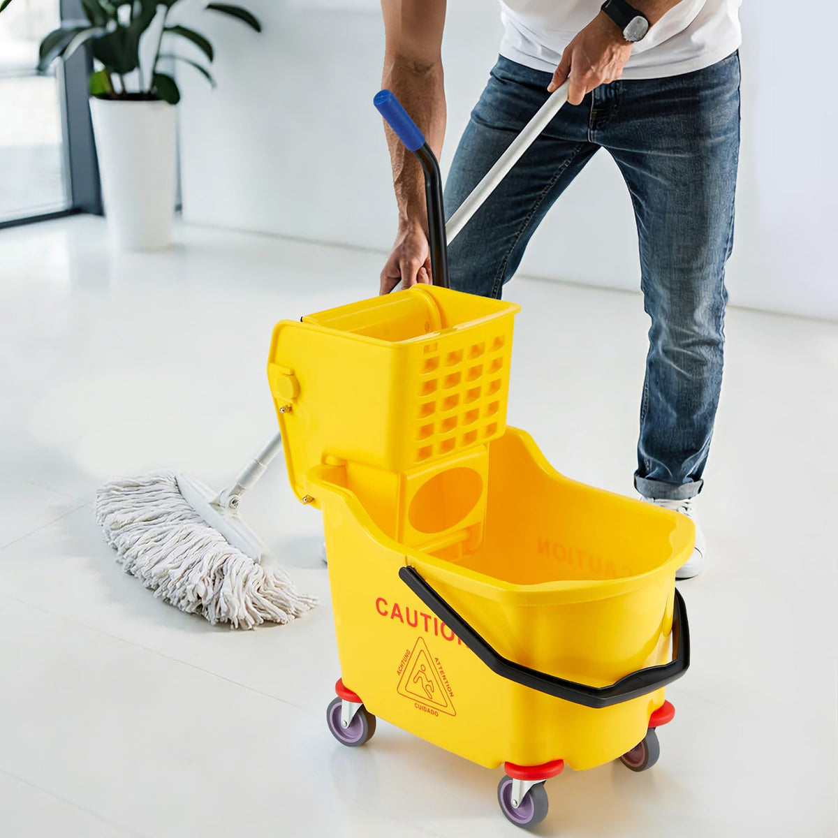 Yellow 35 Quart Commercial Mop Bucket with Side Press Wringer on Wheels A800424