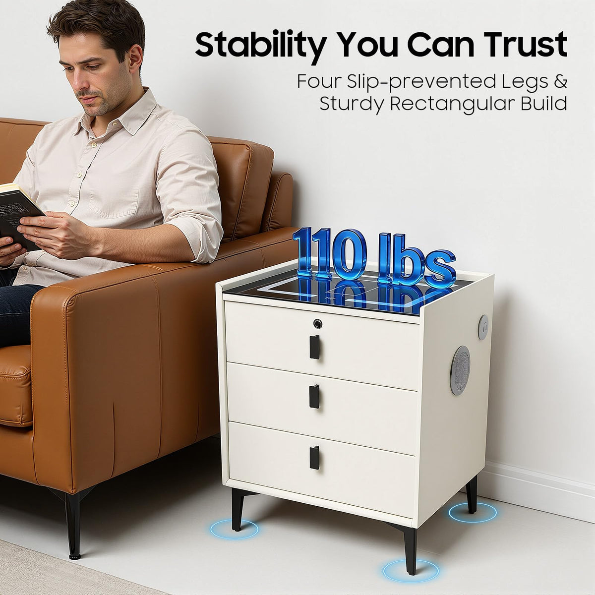 Beige 3 Drawer Smart Nightstand with Fingerprint Lock L557