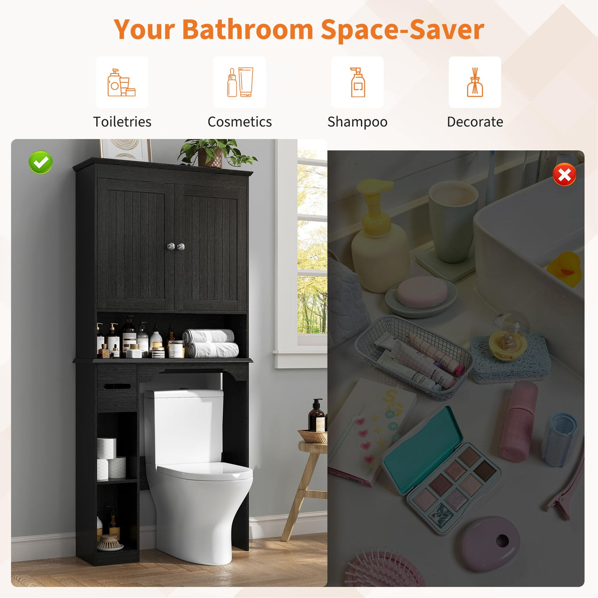 30" Over Toilet Storage Cabinet with Toilet Paper Box, Black U716589
