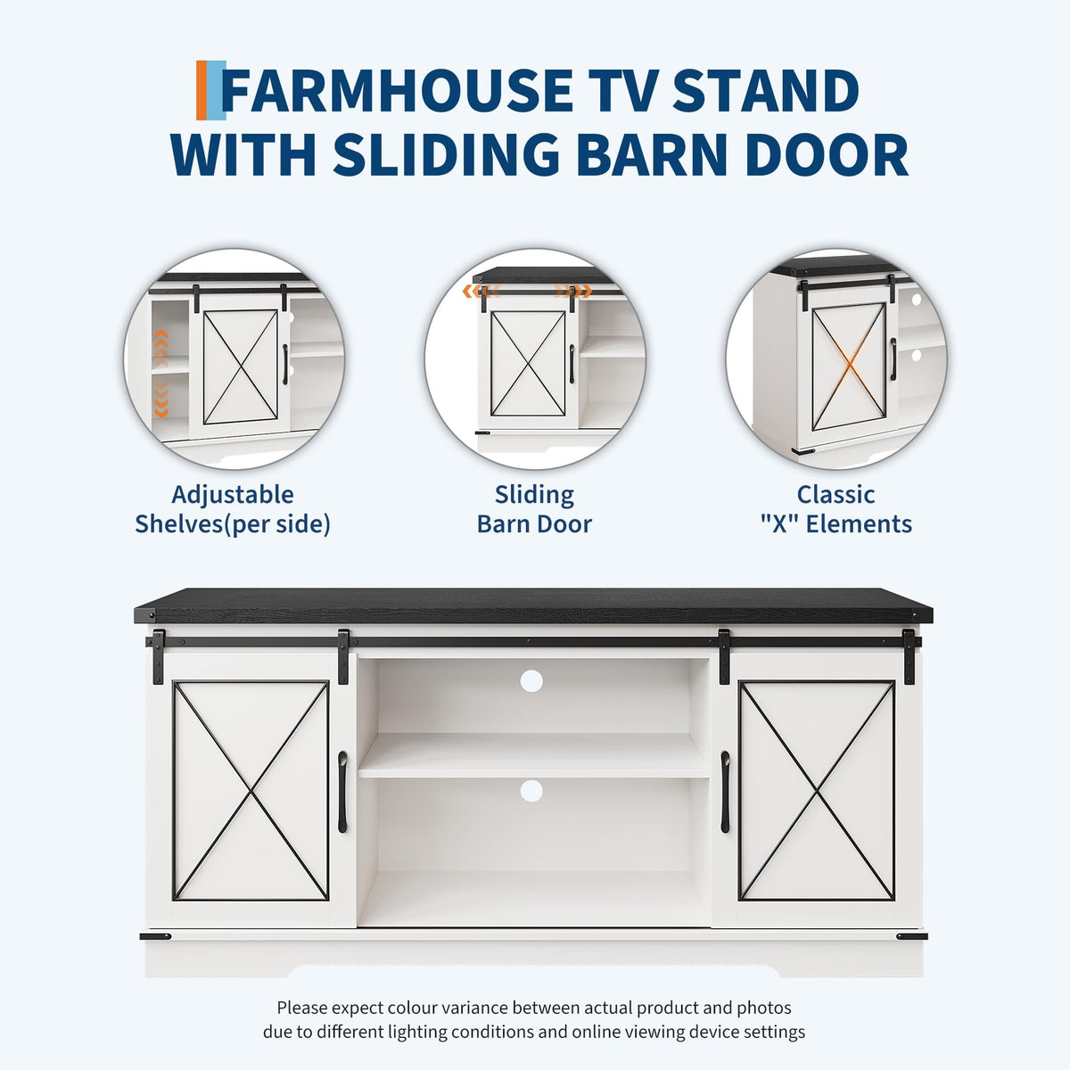 White Farmhouse TV Stand with Sliding Barn Doors O546587