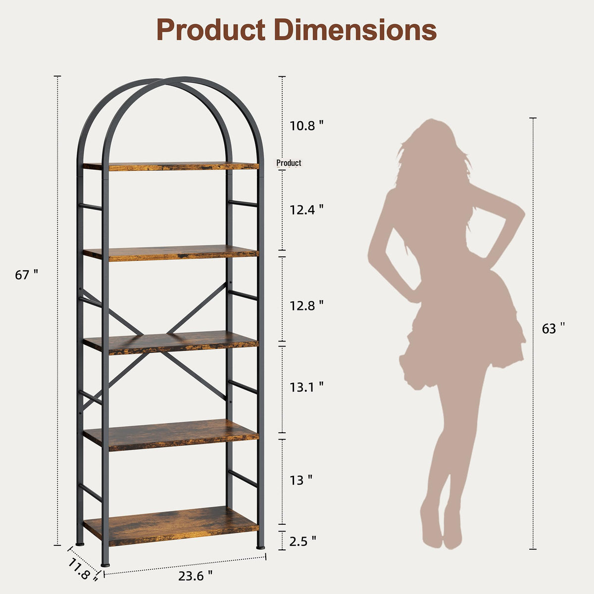 5 Tier Rustic Brown Bookshelf with Metal Frame G920173