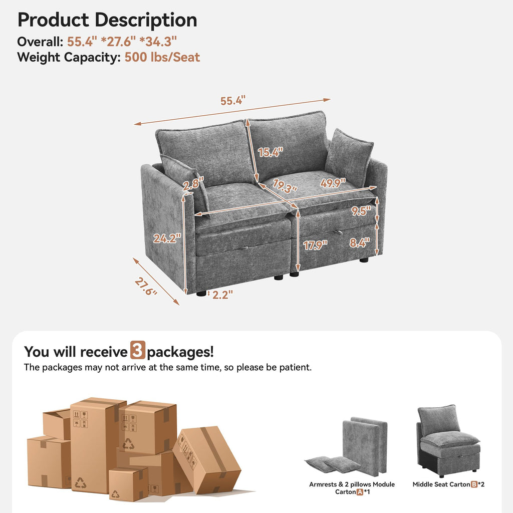 Light Grey Chenille 2 Seater Loveseat Sofa with Storage I766131