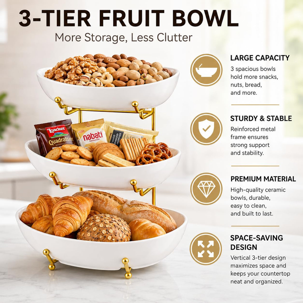 3 Tier Ceramic Fruit Basket with Gold Stand E520
