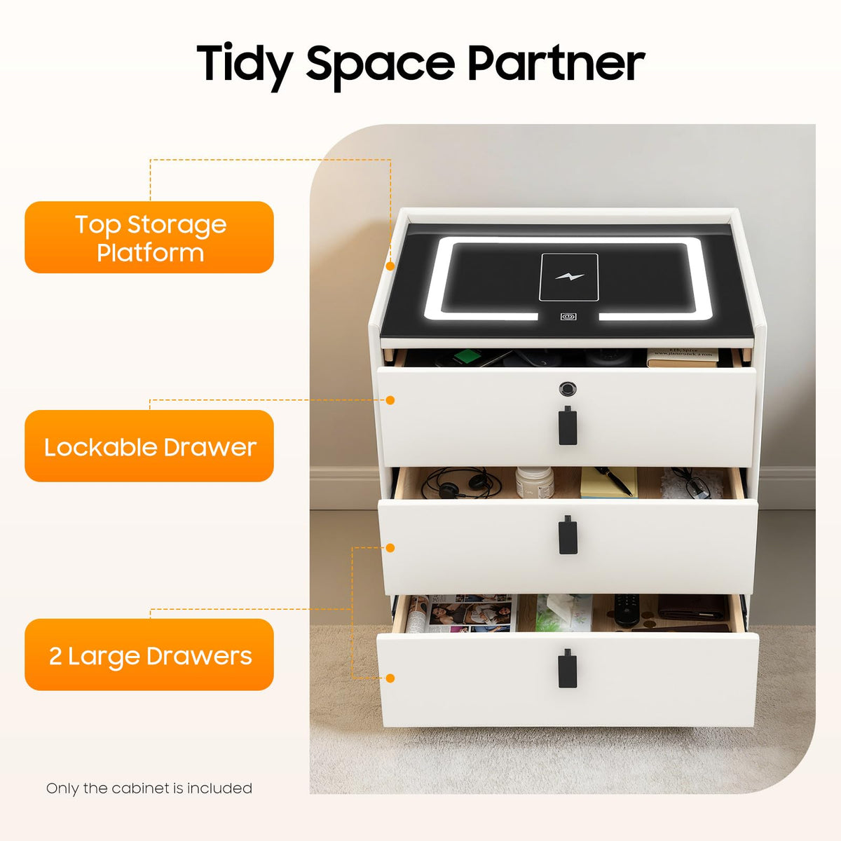 Beige 3 Drawer Smart Nightstand with Fingerprint Lock L557