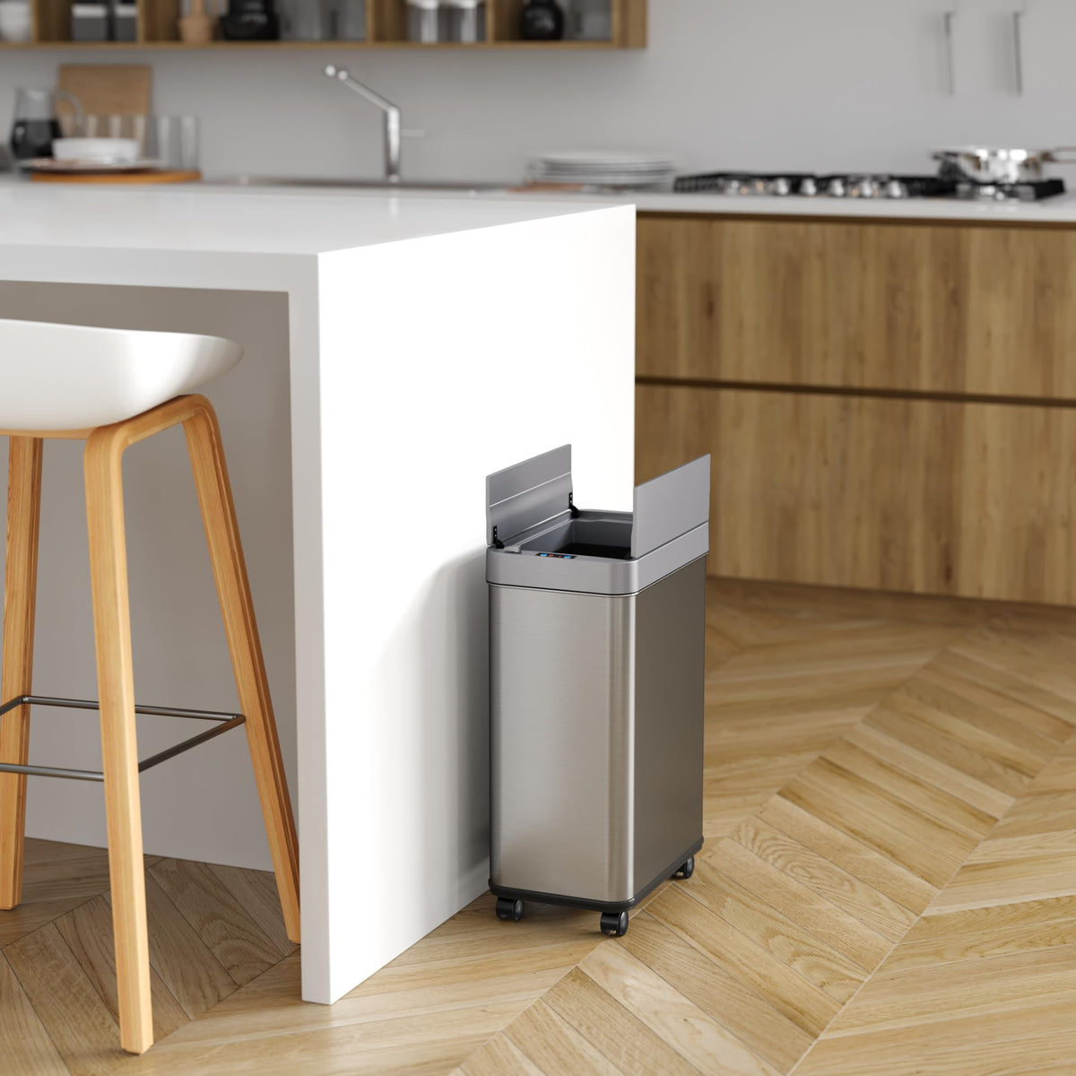 13 Gallon Sensor Kitchen Trash Can with Lid & Wheels O65436