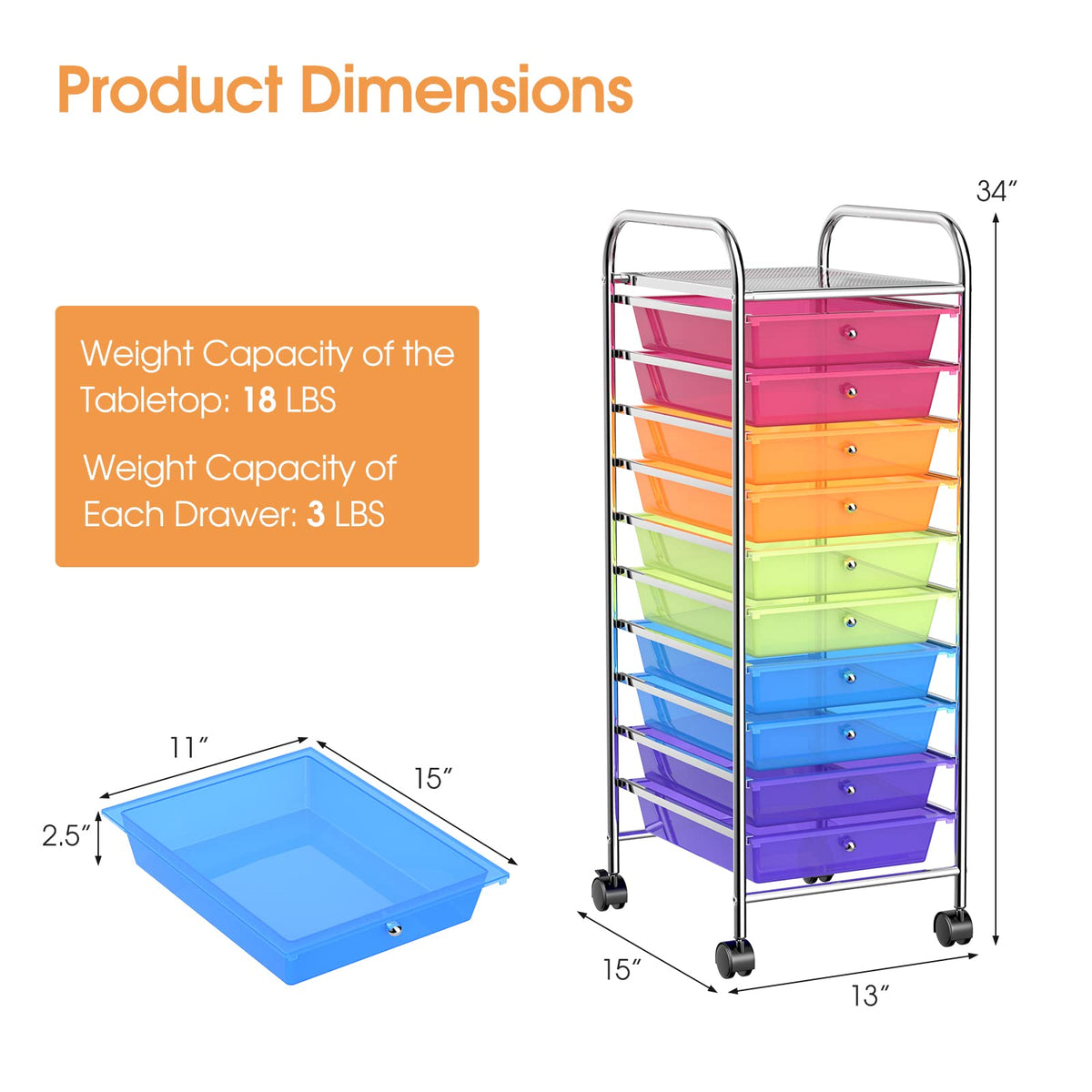 10 Drawer Multicolor Rolling Storage Cart J6105