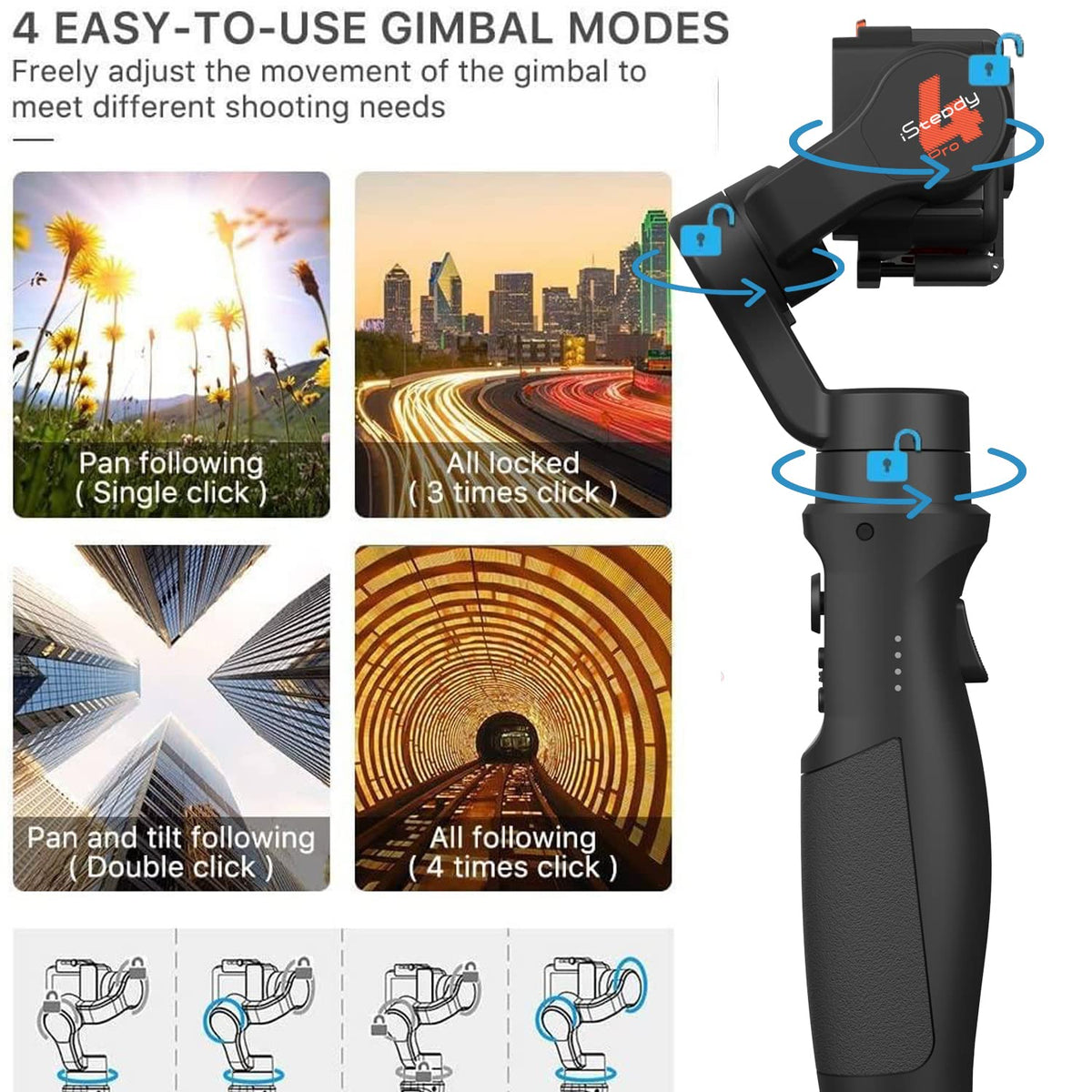 Action Camera Gimbal Stabilizer 3-Axis Bluetooth Cable Control IPX4 I7451