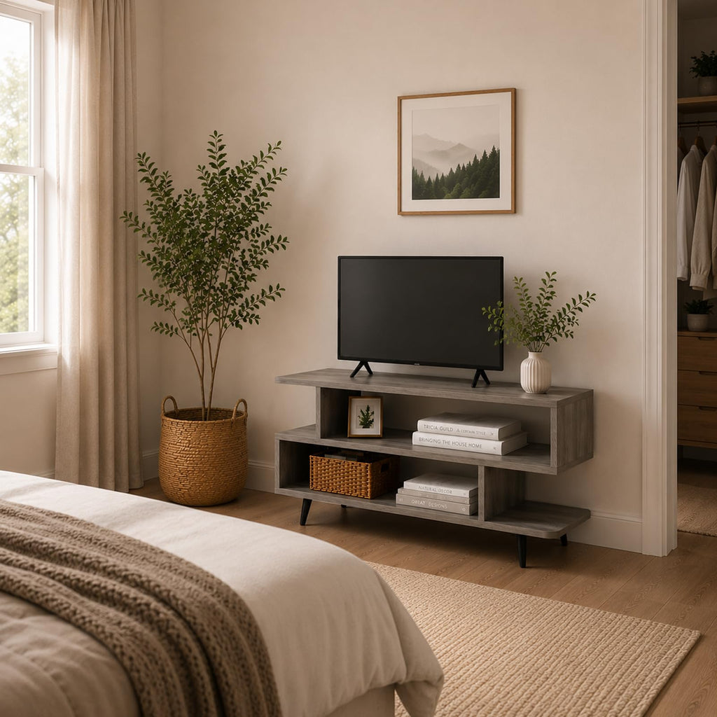 45 inch Light Grey TV Stand with 3-Tier Open Storage Shelves B6319