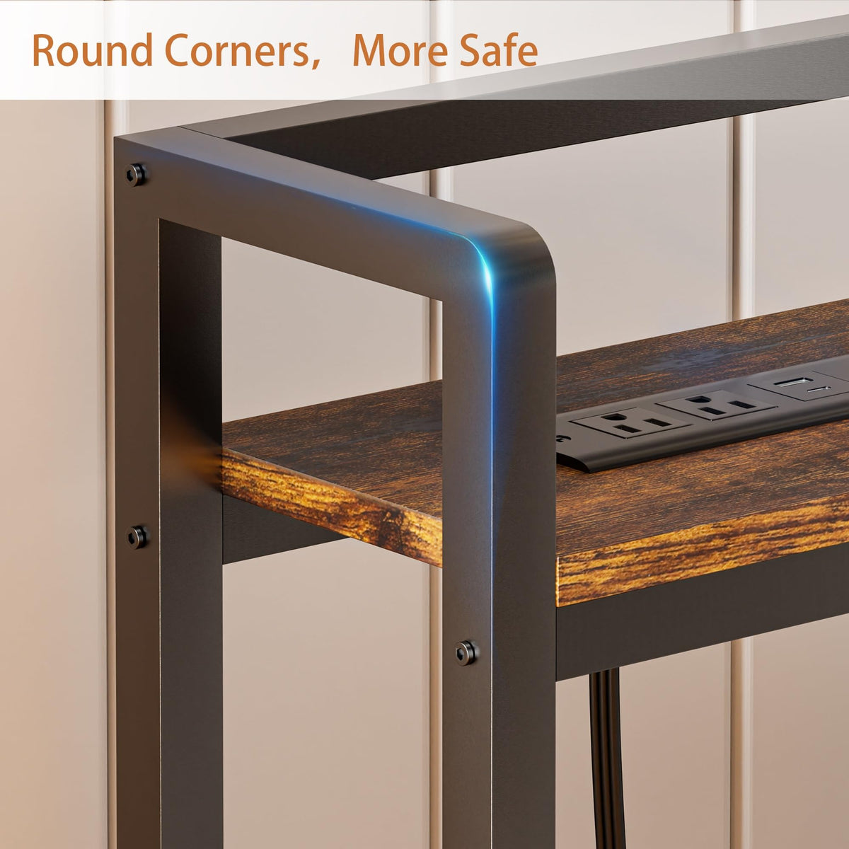 King Size Headboard with LED Light, Outlets and USB Ports, Storage Rack, Rustic Brown A1410