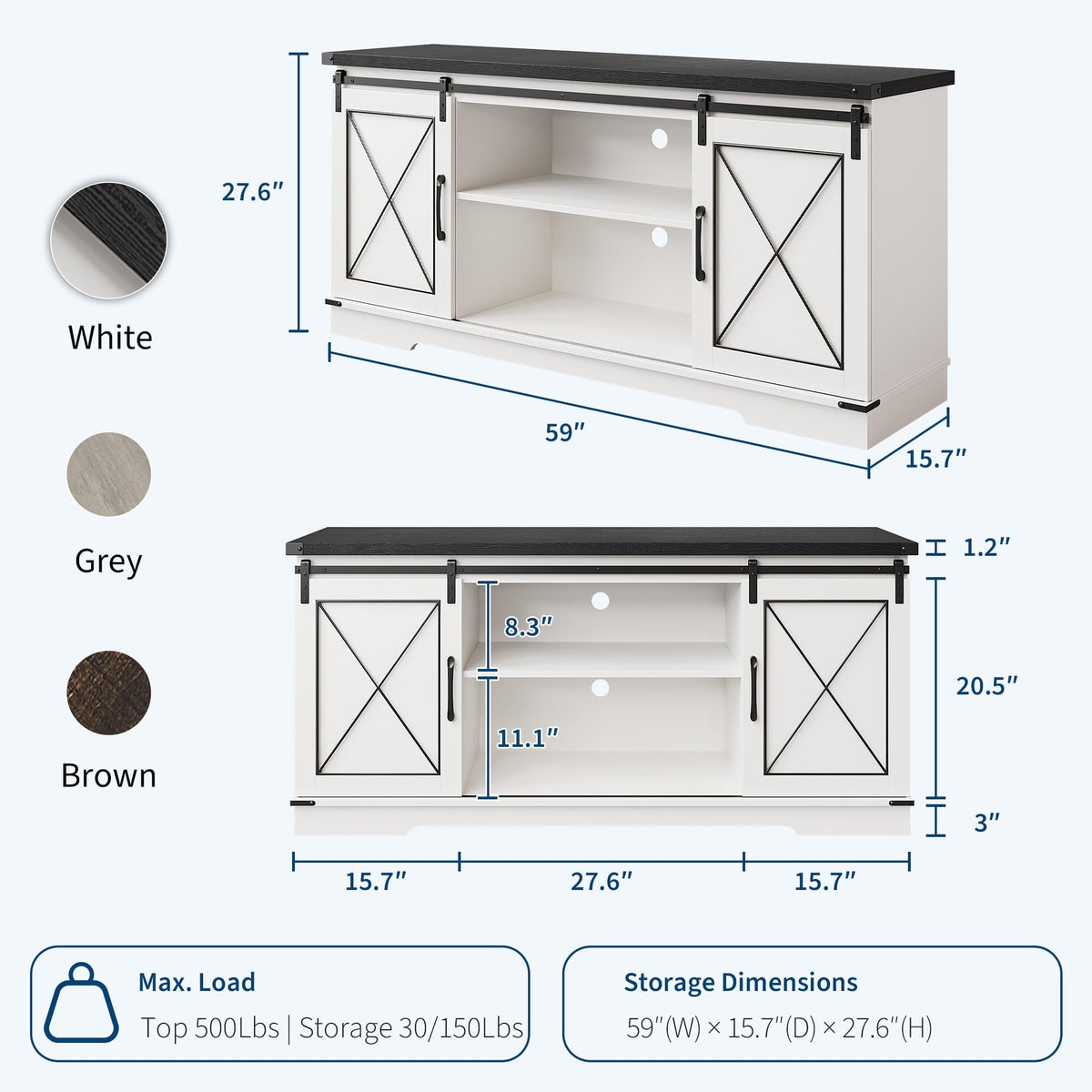 White Farmhouse TV Stand with Sliding Barn Doors O546587