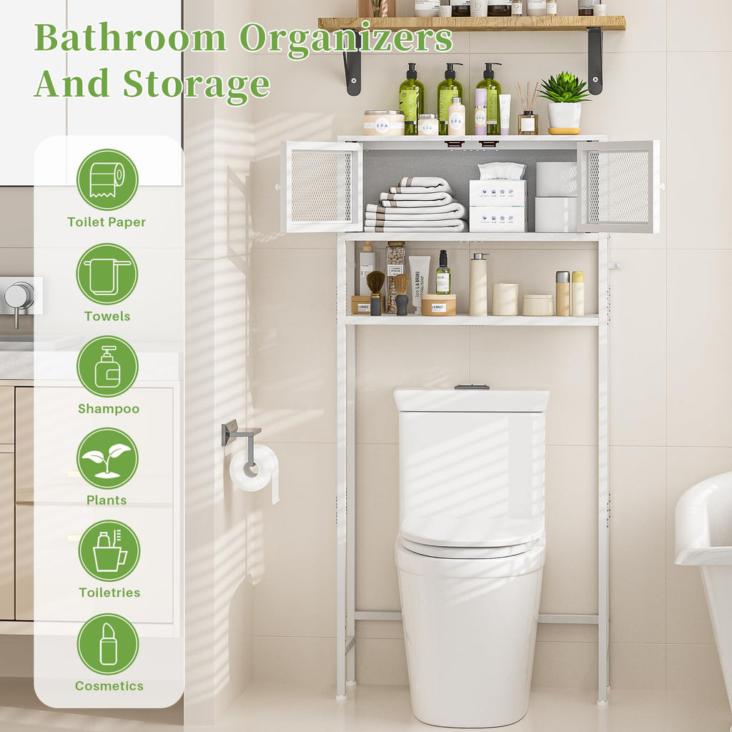 Over the Toilet Storage Cabinet with Doors, White Metal Shelves Q913