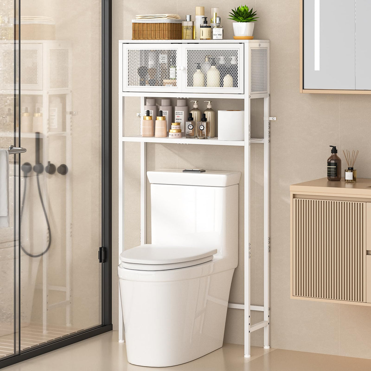 Over the Toilet Storage Cabinet with Doors, White Metal Shelves Q913