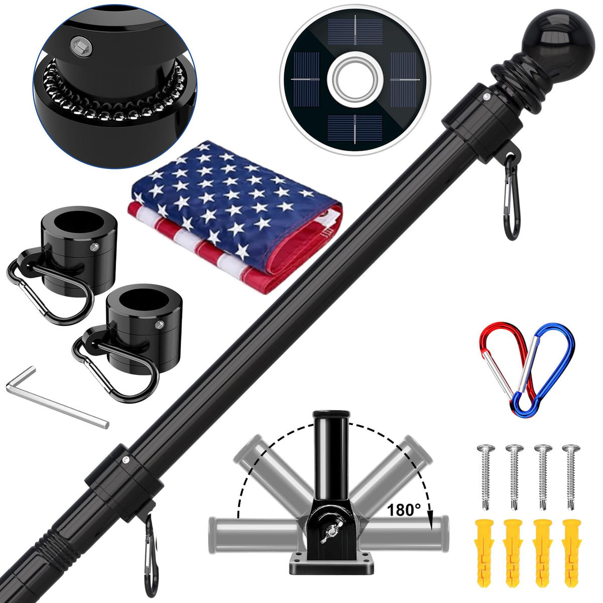 5FT Black Stainless Steel Flag Pole Kit with Solar Light and American Flag M1387