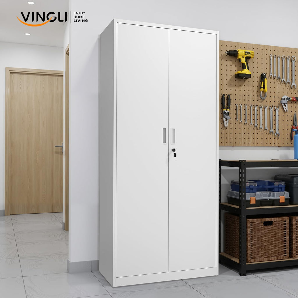 White Metal Storage Cabinet with 2 Doors and 5 Adjustable Shelves M2629
