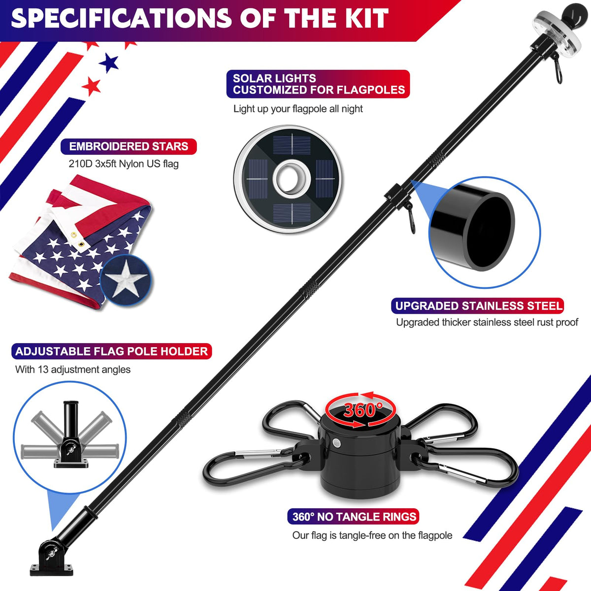 5FT Black Stainless Steel Flag Pole Kit with Solar Light and American Flag M1387