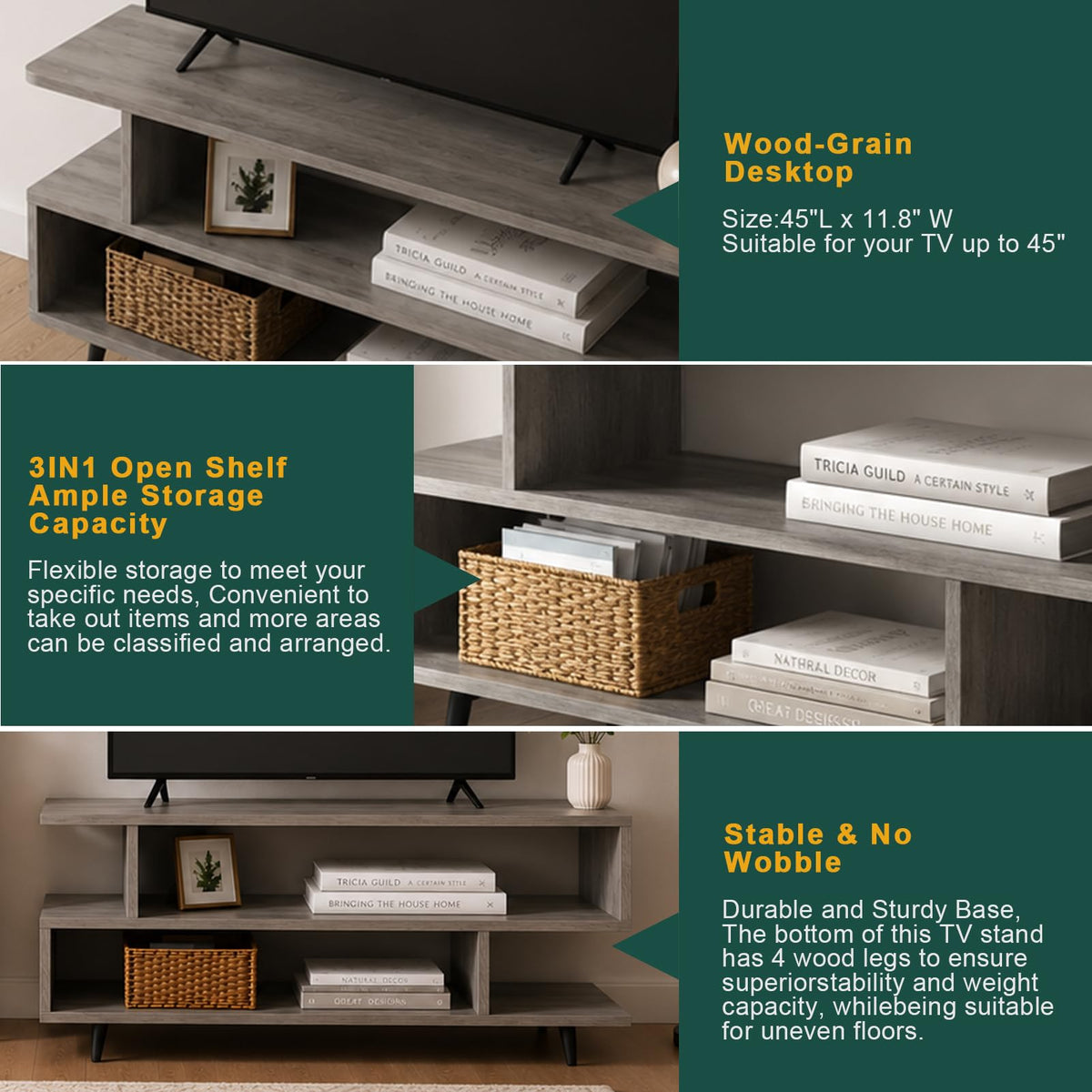 45 inch Light Grey TV Stand with 3-Tier Open Storage Shelves B6319