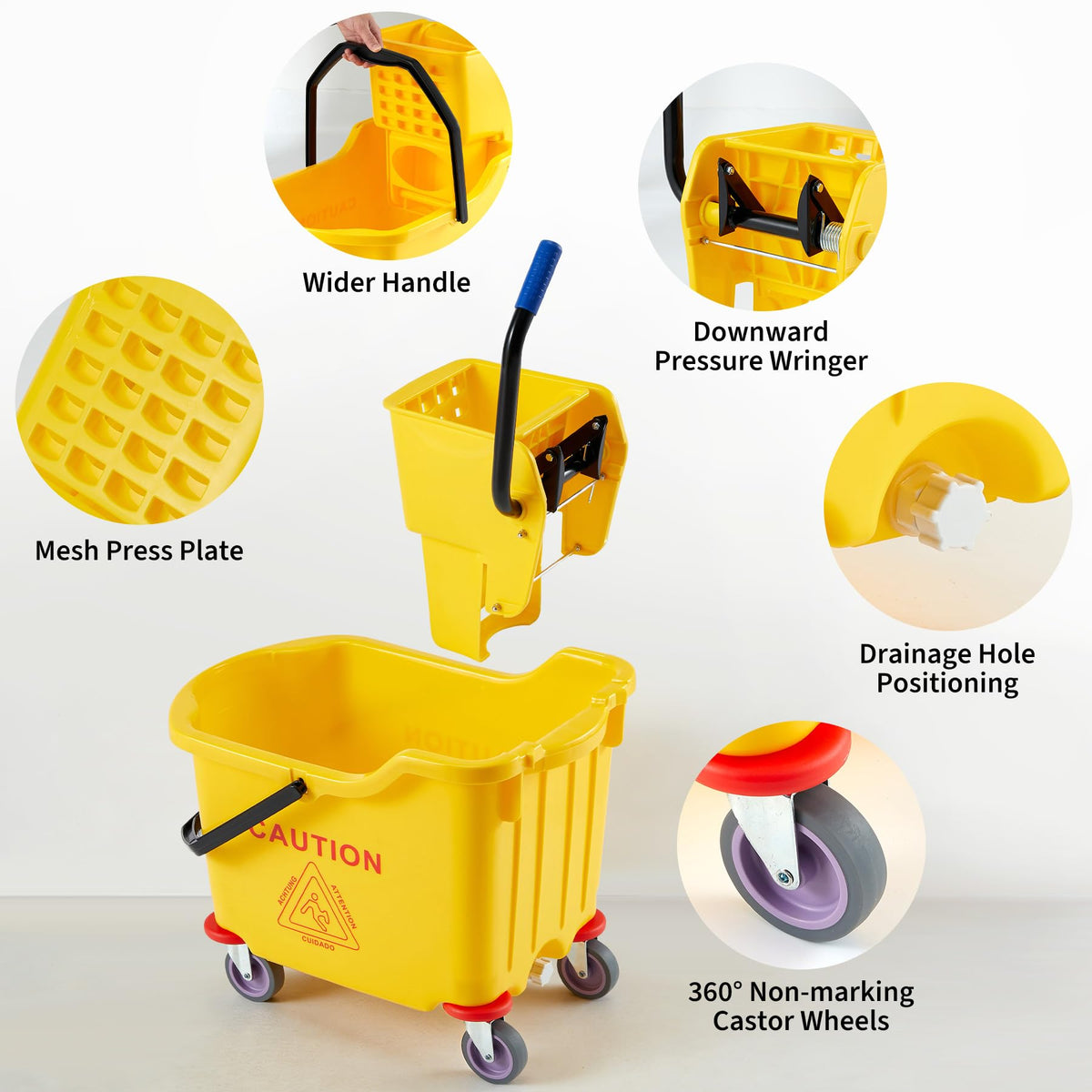 Yellow 35 Quart Commercial Mop Bucket with Side Press Wringer on Wheels A800424