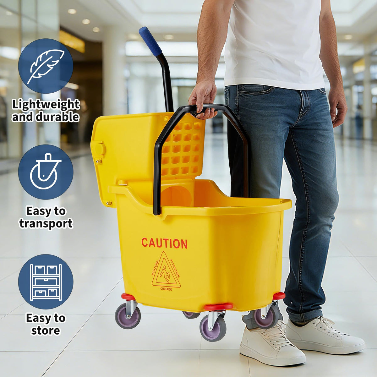 Yellow 35 Quart Commercial Mop Bucket with Side Press Wringer on Wheels A800424